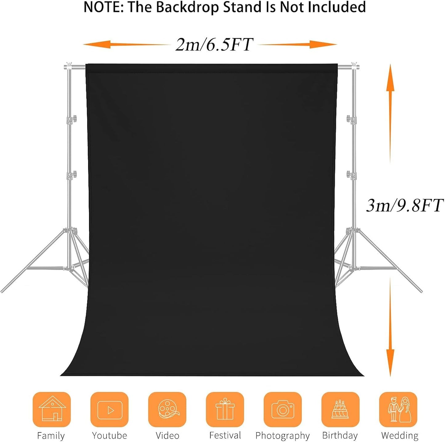 7X10 FT Black Backdrop, 100% Polyester Photography Background Curtain Screen, Foldable Washable Black Screen for Professional Photoshoot Portraits Party Video Studio