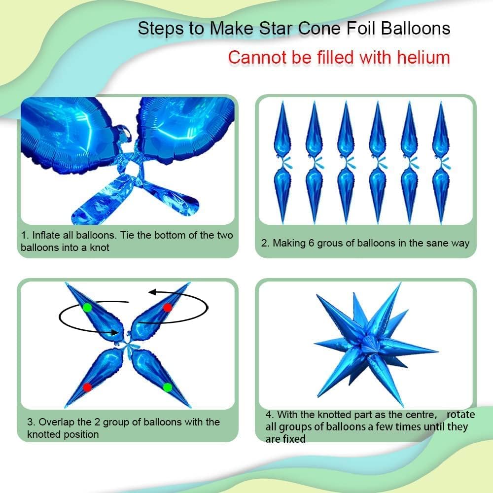 3pcs 26inch 3D Explosion Star foil balloon, Blue Foil Cone Star burst Balloons for Birthday Wedding New Year Party Event