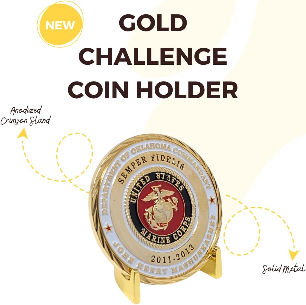 Military Challenge Coin Display Stand - Solid Metal with Anodized Finish - US Vet. Business (Gold Five-Pack)