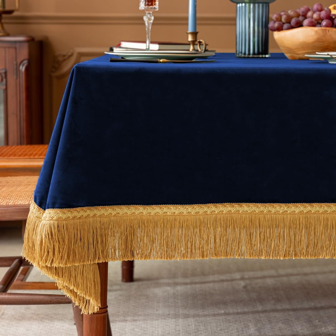 F-CHU Blue Tablecloth Thickset Velvet Tablecloth with Beautiful Gold Tassels Vintage Table Cloth for Home Decor Wedding, Party, Banquet and Events 60x60-Inch