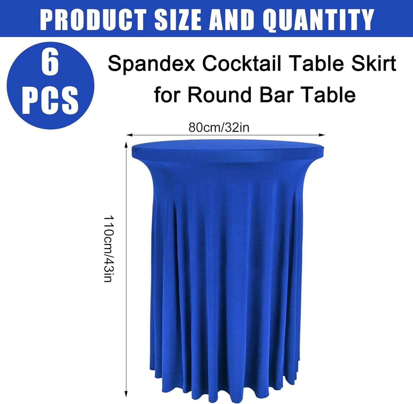 6 Pack Round Cocktail Tablecloth 32"x 43" Spandex Cocktail Table Skirt, Washable Stretch Fitted Table Covers for High Top Bar,Wedding,Party,Events (Royal Blue)