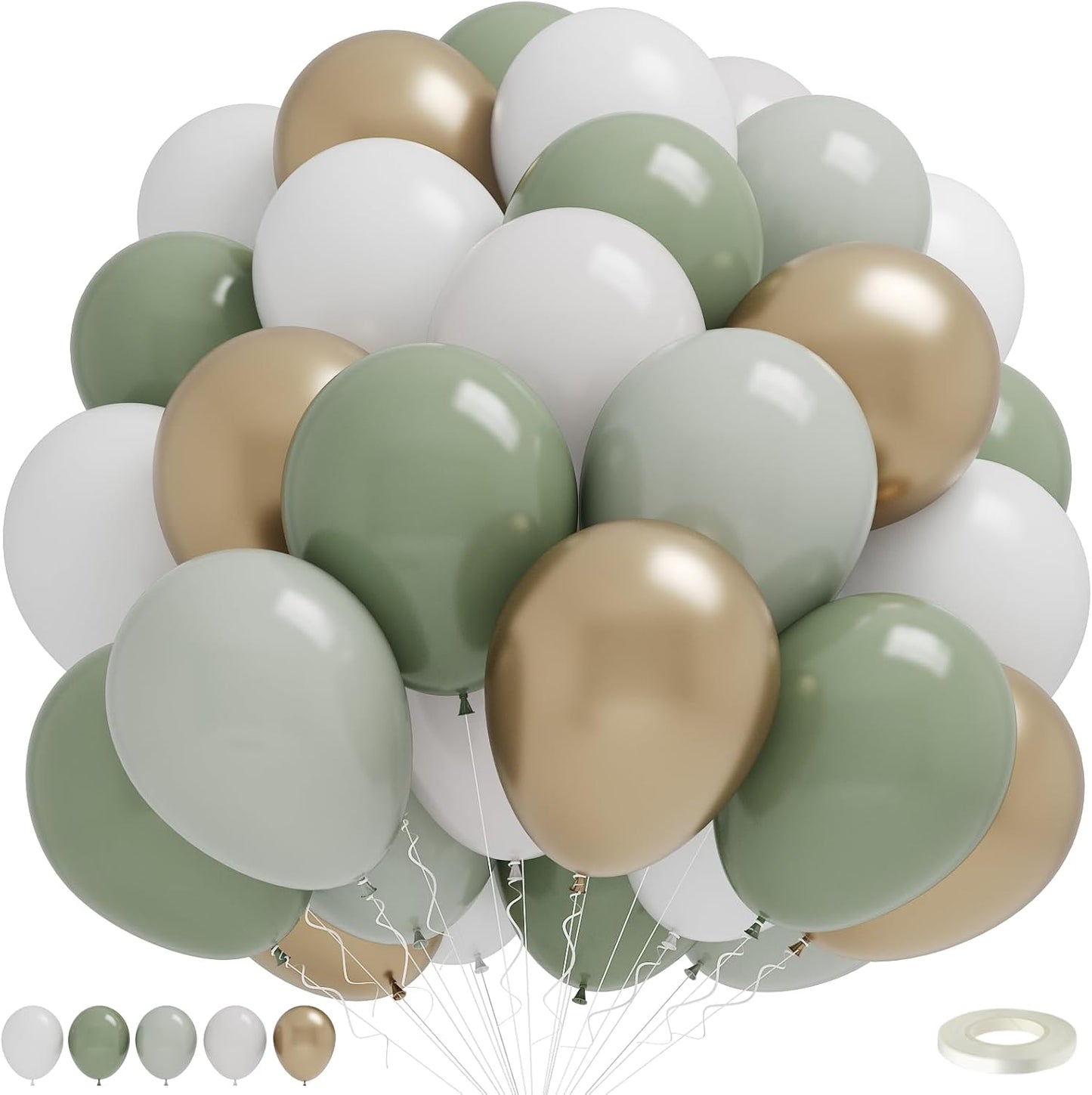 Dusty Green White Gold Balloons, 50pcs Sage Olive Green Metallic Champagne Gold White Latex Balloons for Wedding Engagement Birthday Baby Shower Eucalyptus Party Decoration Supplies