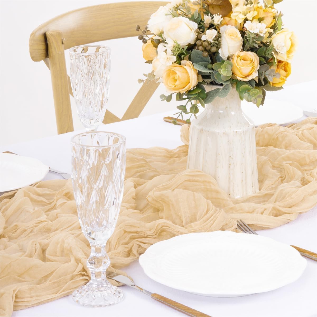 12Pcs Shallow Khaki Cheesecloth Table Runner 120 Inch10FT Champagne Rustic Boho Cheesecloth Table Runnerfor Wedding Party Baby Shower Birthday Home Decor Holiday Decorations