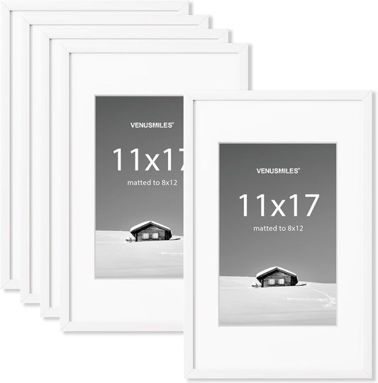 11x17 inch Picture Frame, 11x17 Photo Frames with 8x12 Removable Mat - High Definition Plexiglass - Vertical and Horizontal Display - Wall Hanging Frame - White, 5 Pack