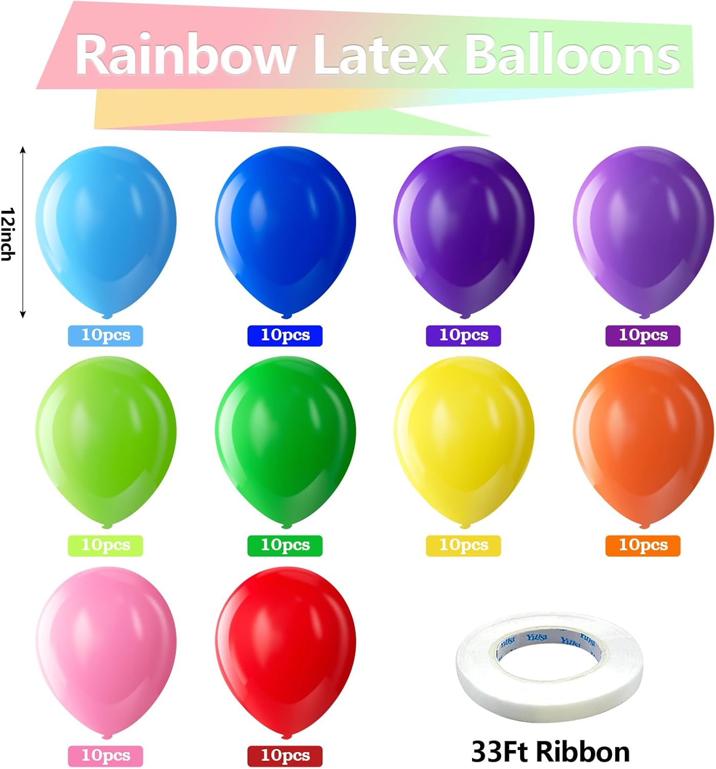 Bezente Assorted Rainbow Latex Balloons, 100 Pack 12 inch Round Helium Bright Color Balloons for Birthday Bridal Shower Wedding Party Decorations