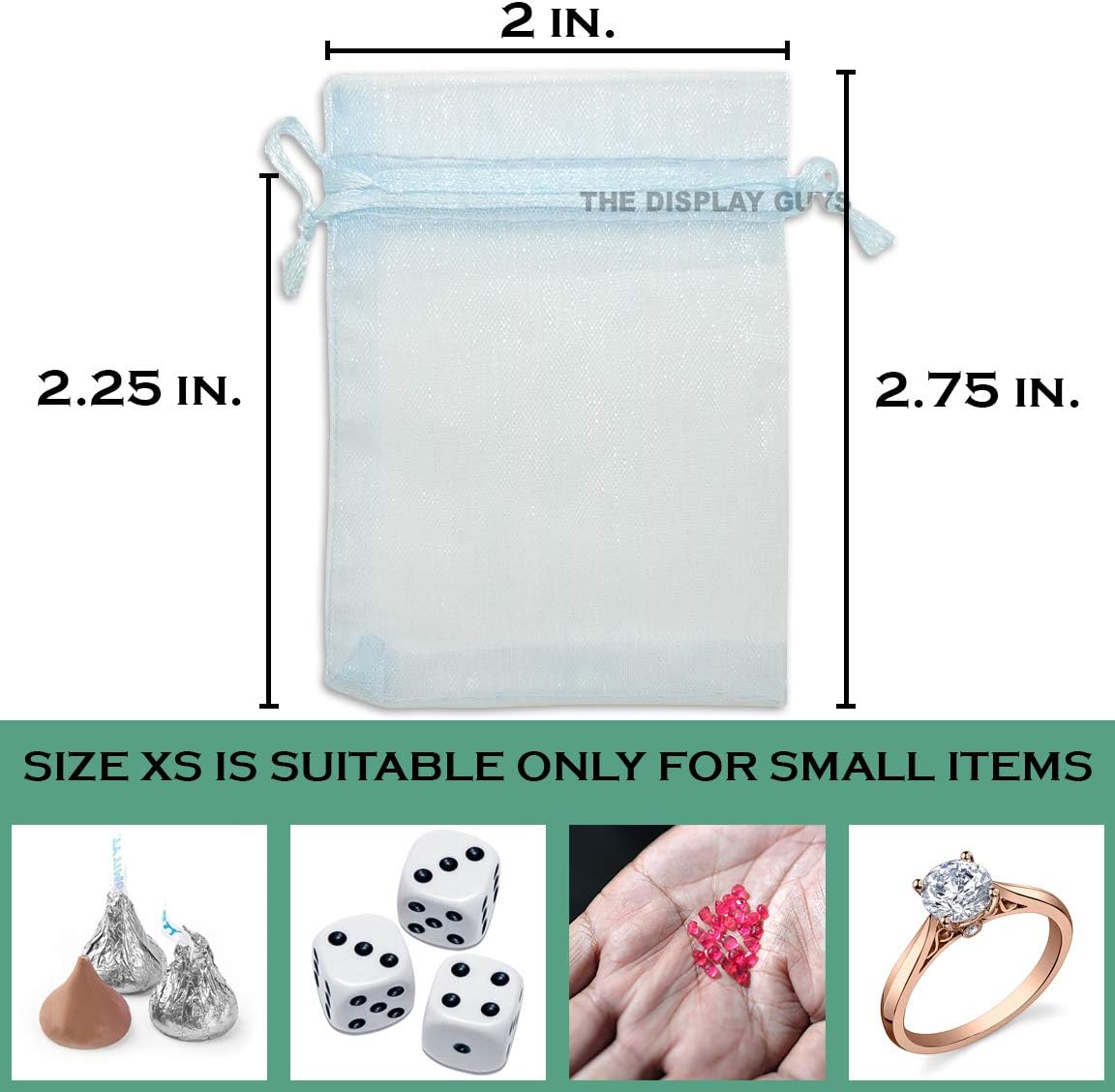 TheDisplayGuys 100-Pack XS 2x2 3/4" Blue Sheer Organza Gift Bags with Drawstring, Jewelry Candy Treat Wedding Party Favors Mesh Pouch