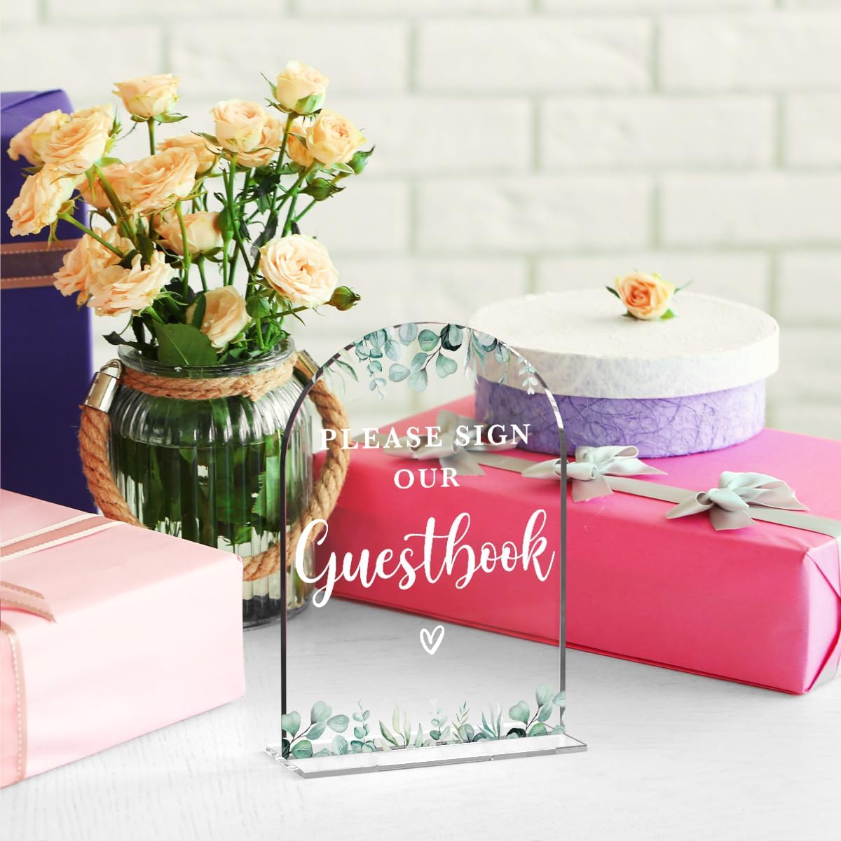 Acrylic Wedding Sign Please Sign Our Guestbook Signs for Ceremony Modern Calligraphy Arch Acrylic Table Top Signs for Wedding Reception and Event Party Table Decor (Eucalyptus Leaves)