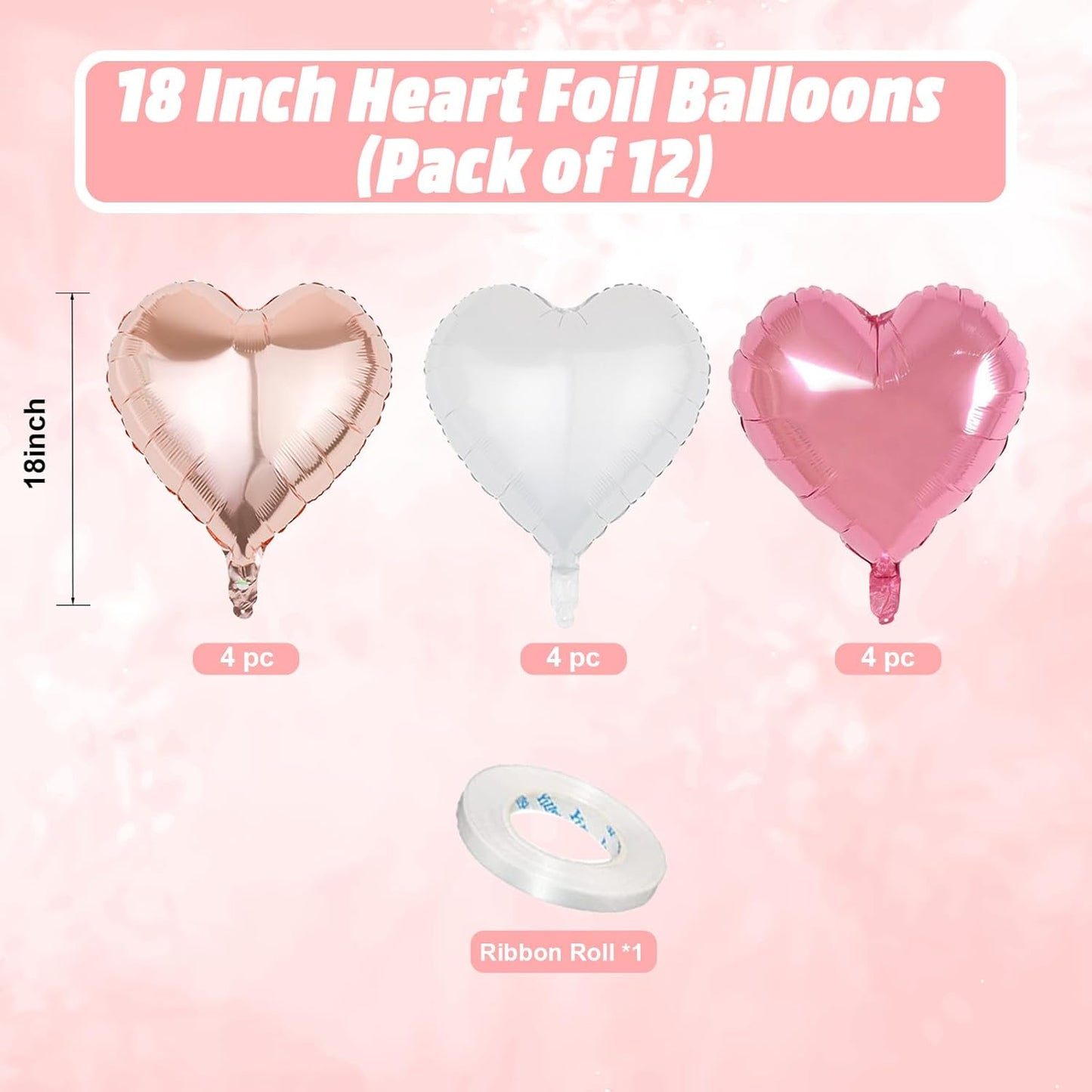 Pink White Heart Balloons, 18 Inch White Rose gold Heart Shape Balloon, 12PCS Pink and Rose Gold Helium Foil Heart Balloon for Birthday Baby Shower Engagement Wedding Valentine Party Decoration