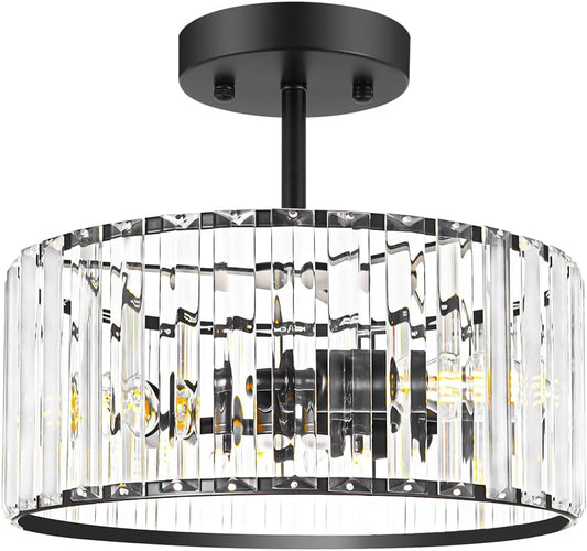 Modern Crystal Ceiling Light, Matte Black Semi Flush Mount Ceiling Lighting Fixture, Hallway Light Fixtures Chandelier for Kitchen, Bedroom Dining Room Hallway Closet, 3-Light, 12 Inch