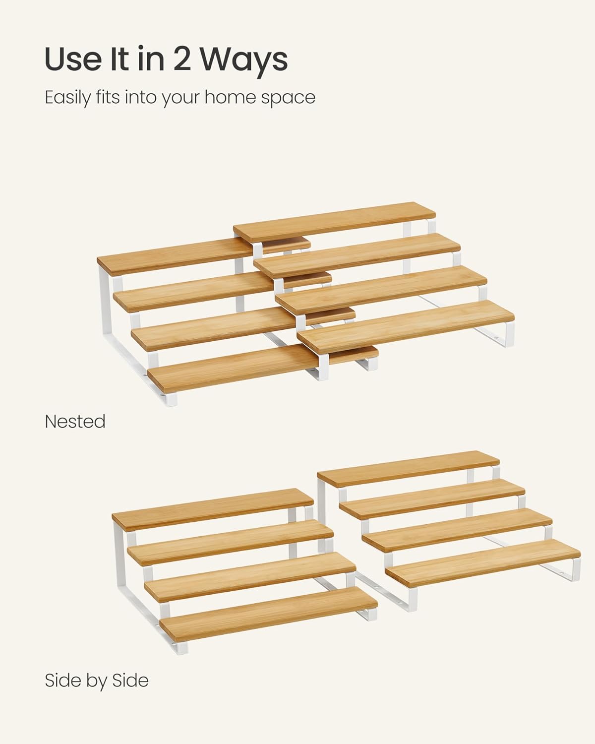 SONGMICS Display Risers, Set of 2 Engineered Wood Perfume Organizer Stand, 4-Tier Cupcake Stand Holder, Spice Rack, Shelf Risers for Figures, Dessert Shelves, Natural Beige and Cloud White UKCS216N02
