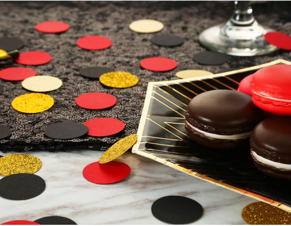 Glitter Confetti Circles Table Decoration and Wedding Party Decoration, 1.2’’ in Diameter (gold glitter, black, red,300pc)