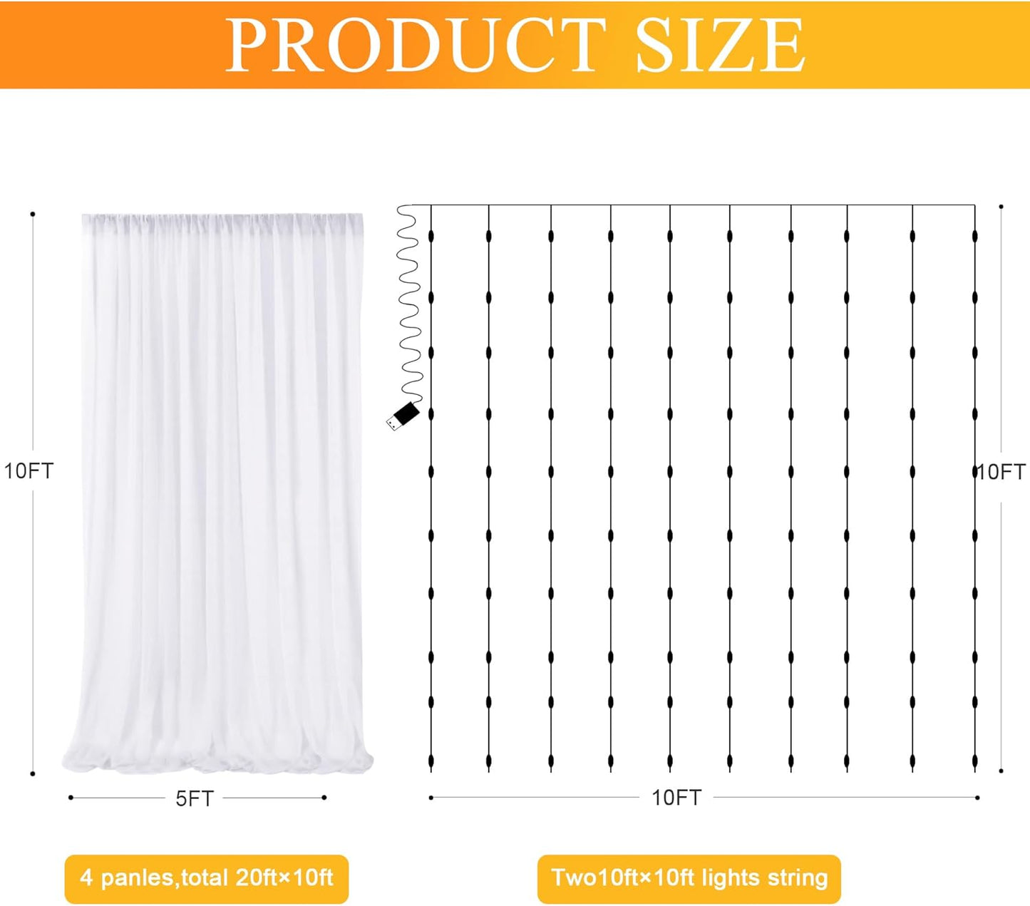 Fomcet Tulle Curtains with Lights String White 20FT X 8FT Sheer Backdrop Curtains for Parties Wedding Baby Shower Photo Shoot Decorations (4 Panels 5 x 8FT)