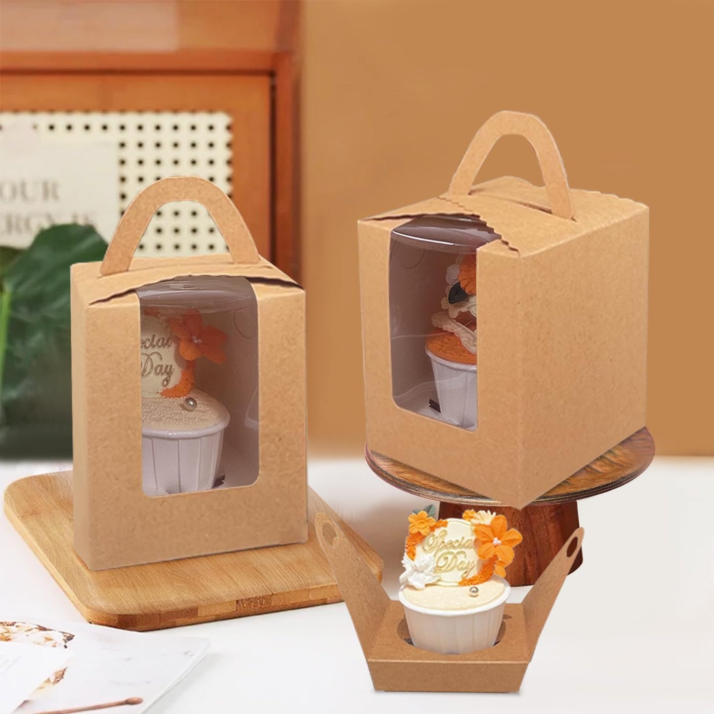 Bakepacker Auto-pop up Individual Cupcake Boxes with Window 25 Count Brown Single Cupcakes Box 3.6 x 3.6 x 4.3inch Cupcake Carrier