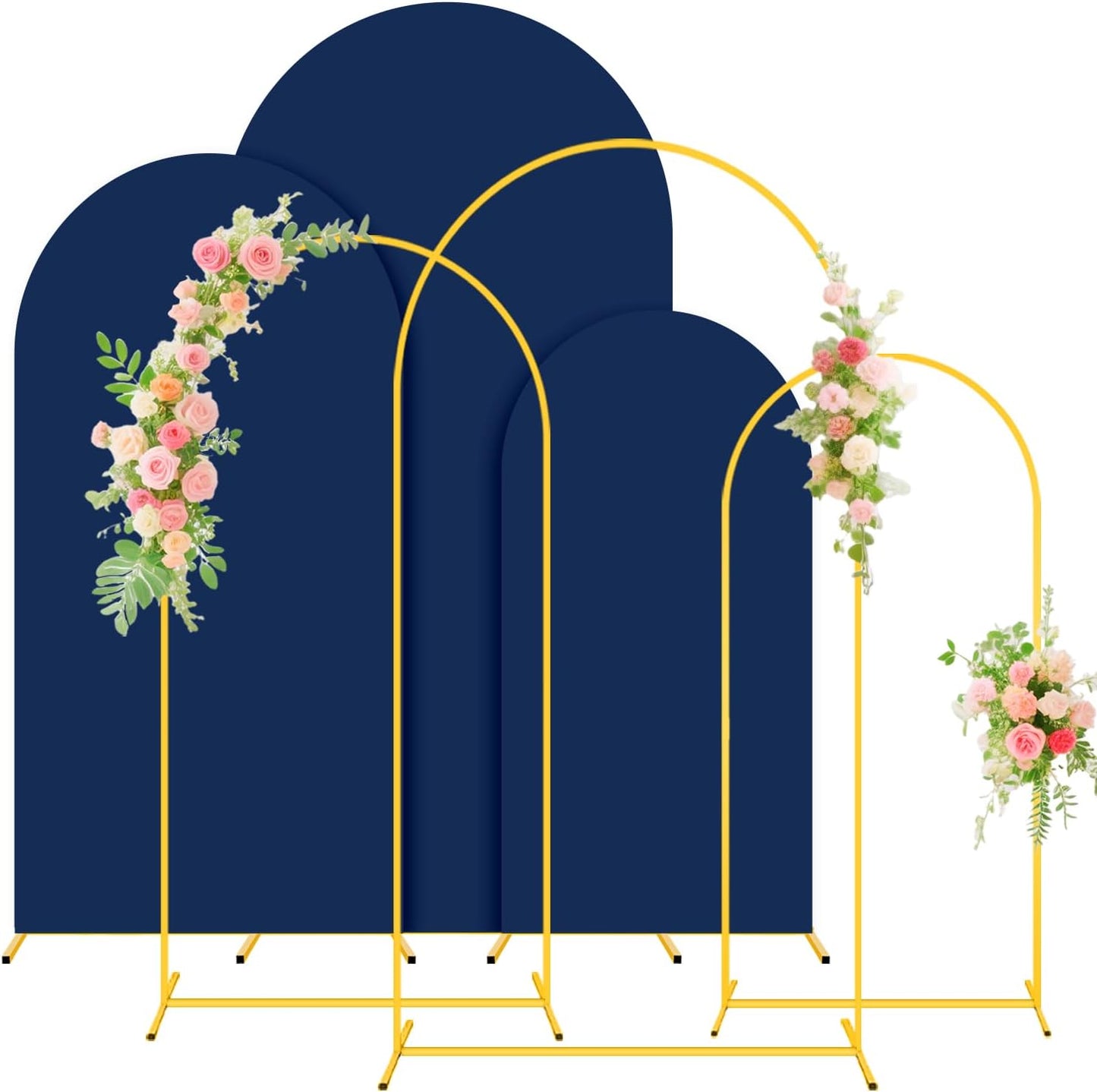 FUHSY Metal Arch Backdrop Stand and Cover Set of 3 Wedding Metal Arch Stand with Navy Blue Arch Backdrop Cover Spandex 6FT, 5FT, 4FT Stable Arch Frames for Bridal Baby Shower Birthday Party Decor