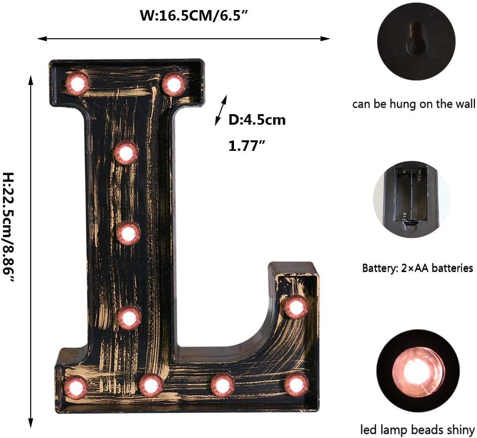 OYCBUZO Golden Black Led Marquee Letter - Industrial, Vintage Style Light Up Alphabet Letter Sign for Cafe Wedding Birthday Party Christmas Lamp Home Bar Initials Decor - L