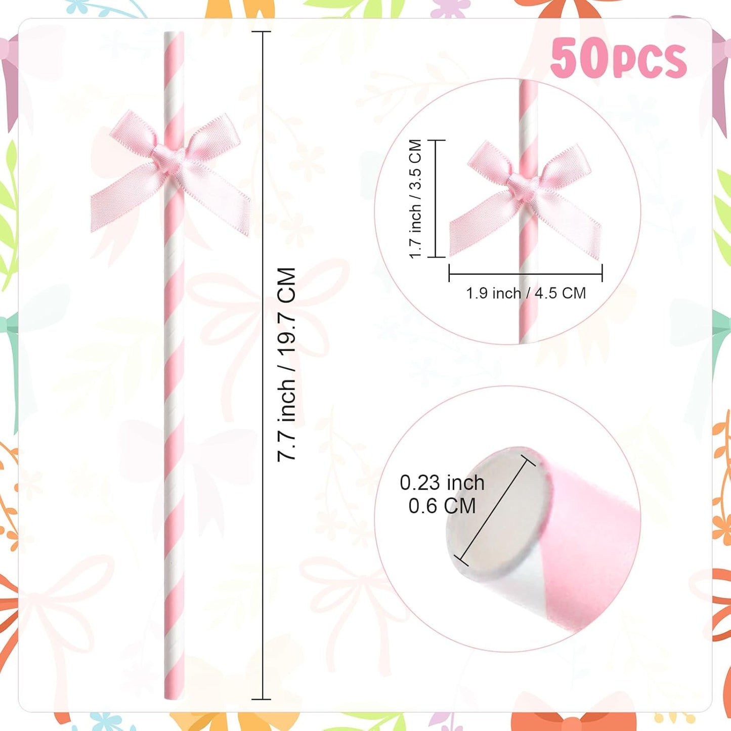 50 Pcs Pink Paper Straws for Drinking, Bow Disposable Striped Paper Straws Bulk Pink Theme Birthday Party Supplies for Wedding Cake Decorations Bachelorette Baby Shower