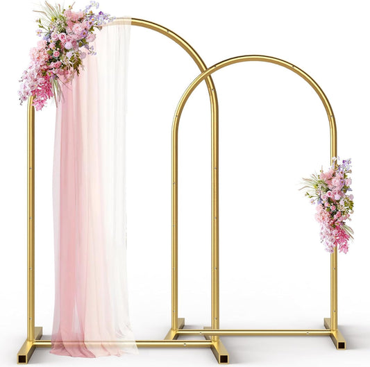 Gold Metal Arch Backdrop Stand Set of 2 with Balloons All Accessories Metal Arched Backdrop Frame for Chrismas Ceremony Parties Bithday Decoration (7.2FT, 6FT)