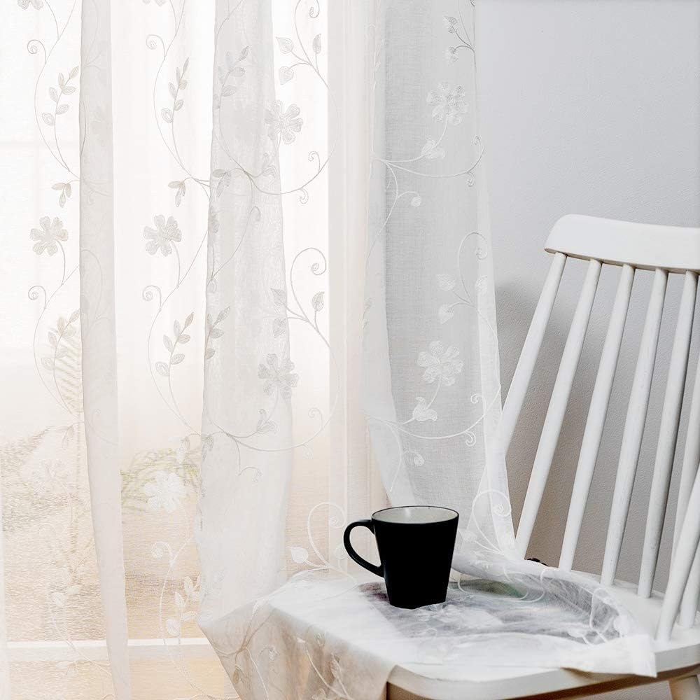 MYSTIC-HOME Embroidery White Sheer Curtains 84 Inches Long, Rod Pocket Sheer Drapes for Living Room, Bedroom, 2 Panels, 52"x84", Semi Crinkle Voile Window Treatments for Yard, Patio, Villa, Parlor.