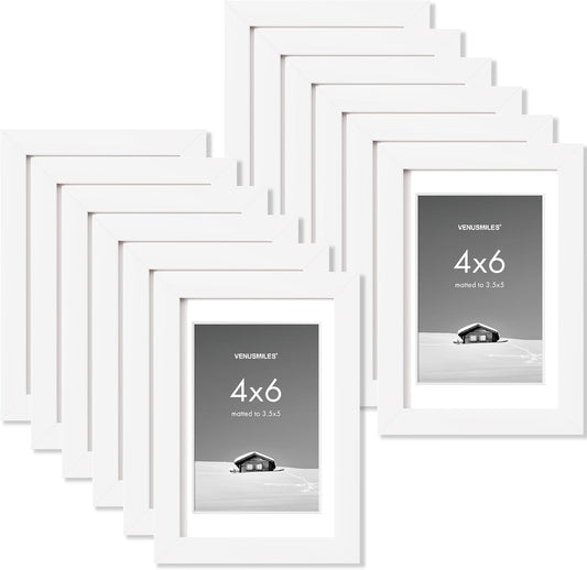 4x6 inch Picture Frame, 4x6 Photo Frames with 3.5x5 Removable Mat - High Definition Plexiglass - Vertical and Horizontal Display - Wall Hanging Frame - White, 12 Pack