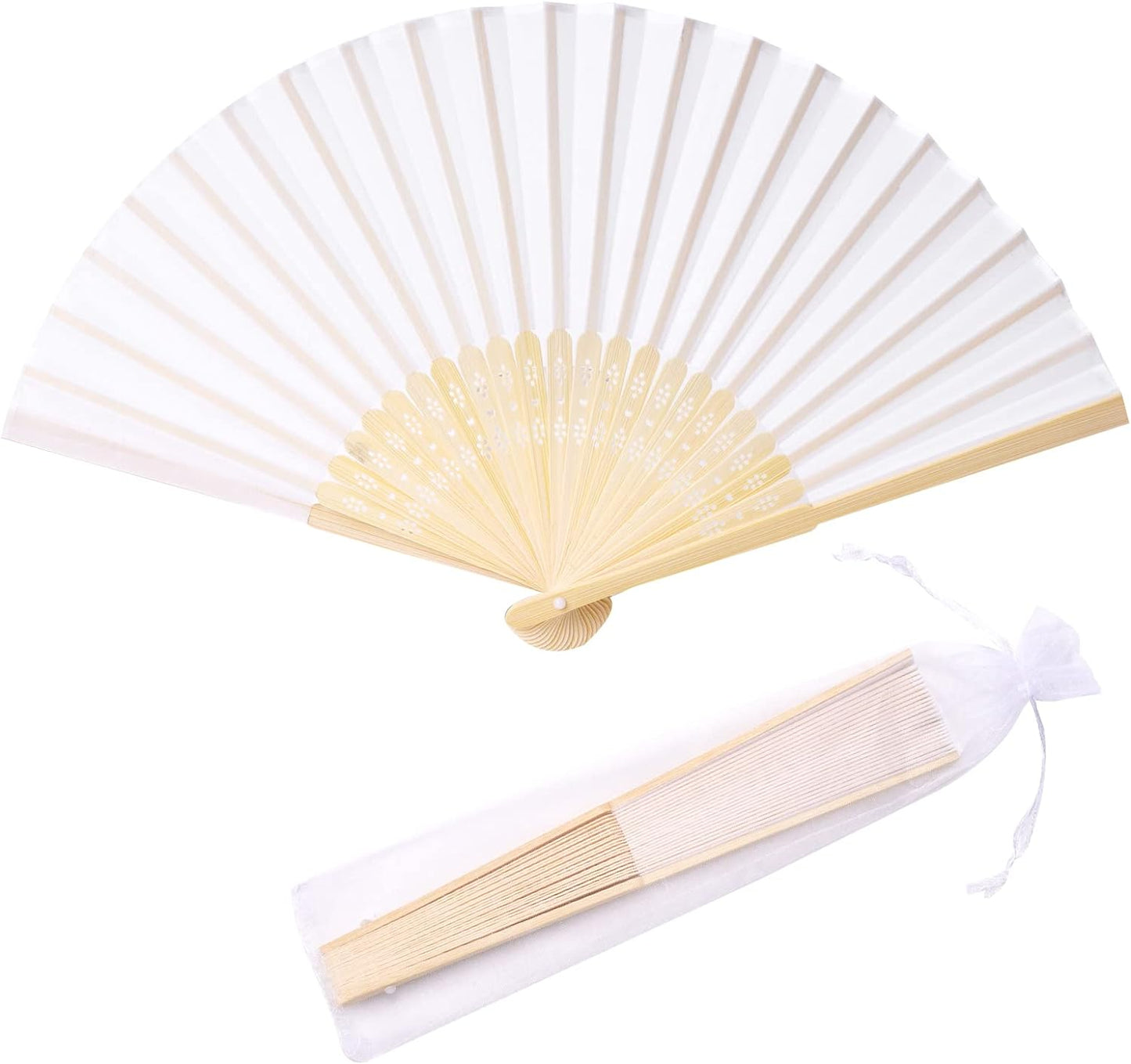 24pcs White Imitated Silk Hand Fan Imitated Silk Fabric Bamboo Handheld Folded Fan Bridal Dancing Props Church Wedding Party Favors with Organza Bags (White)