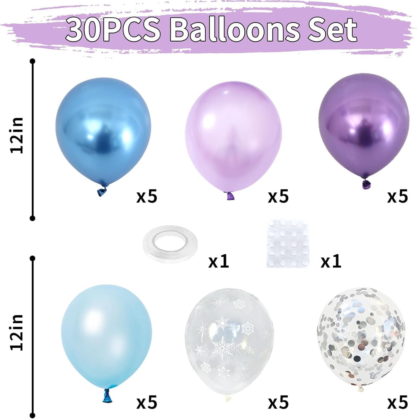 Snow Balloons Set, Pearl Purple Blue Metallic Purple Blue Snowflake Latex Balloon with Silver Confetti Balloons for Winter Wonderland Christmas Princess Girl Birthday Baby Shower Party Decor