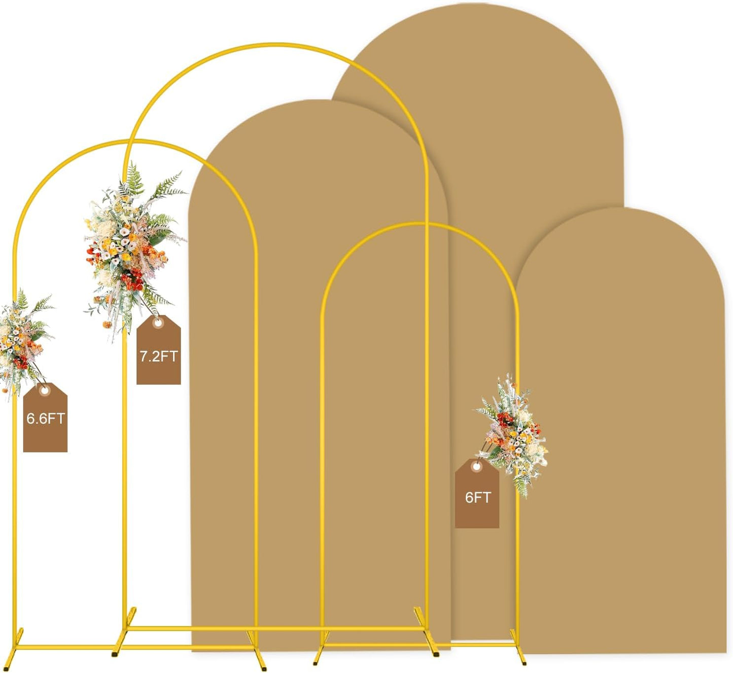 MODFUNS Arch Backdrop Stand and Cover Set 6&6.6&7.2ft Khaki Arch Backdrop Covers Set of 3 Gold Arch Frame Spandex Arched Covers for Party Birthday Banquet Wedding Ceremony Decoration
