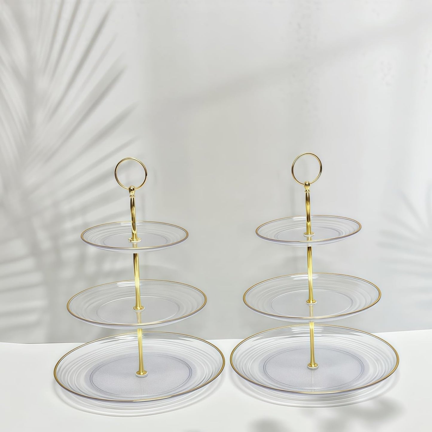 RAUVOLFIA 3 Tier Cupcake Stand, Small Tiered Serving Cake Stand, Transparent Plastic Dessert Stand, Weddings Parties Pastry Serving Tray (2 Pack, Clear Plate with Gold Rim)