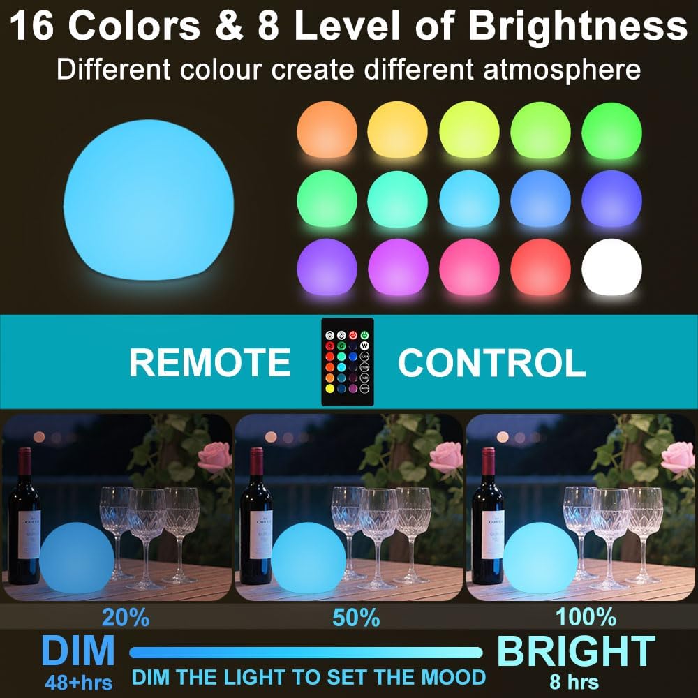 6-in Cordless LED Globe Orb Light for Kids, RGB Color Changing Orb Night Light Mood Lamp w/Remote, Rechargeable LED Ball Night Light Sphere Bedside Lamp, Ideal for Home Garden Patio Party Bar Decors