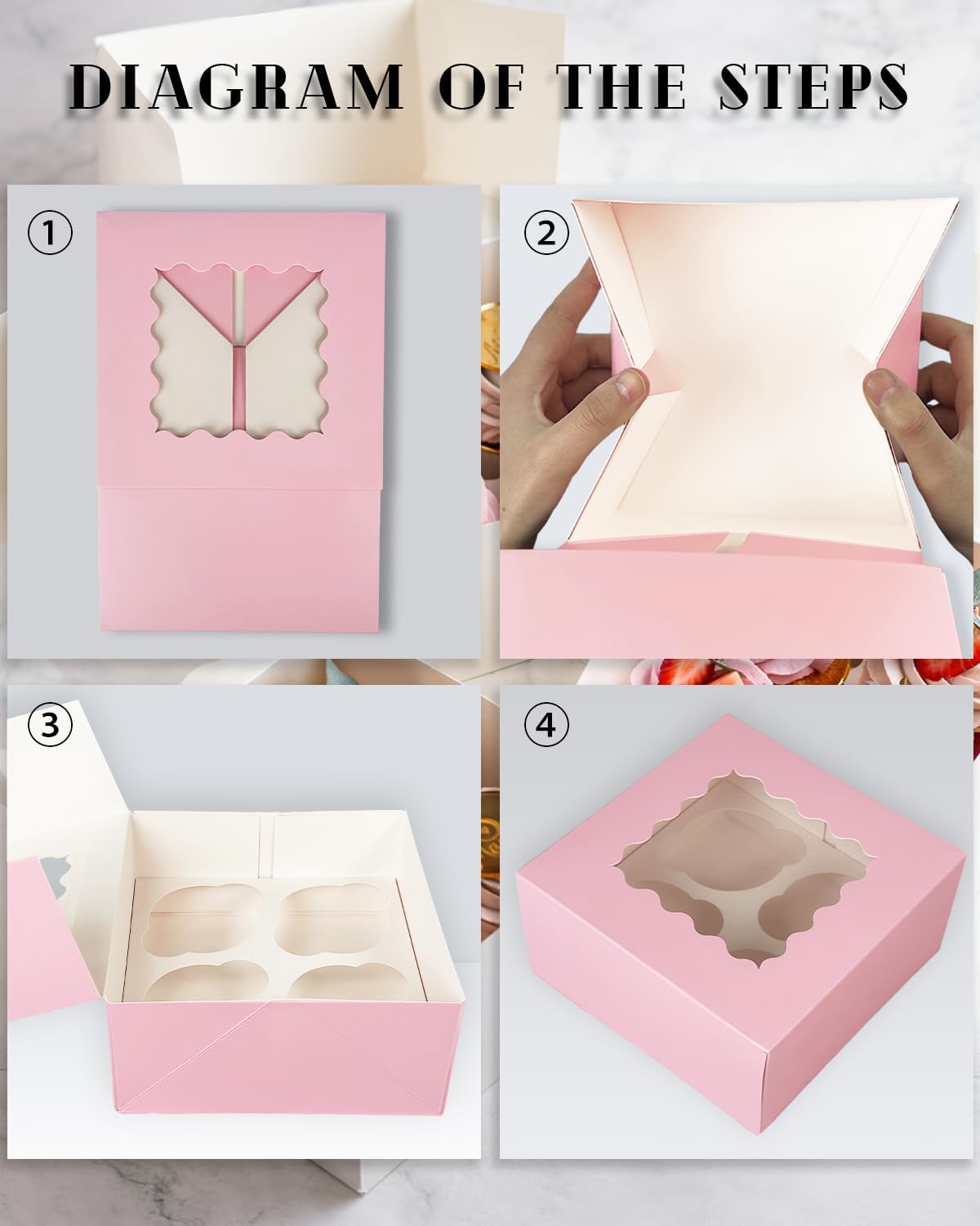 Bakepacker Auto-pop up 4 Cupcake Boxes with Window 20 Count Pink Box 6.3 x 6.3 x 3inch Cupcake Carrier