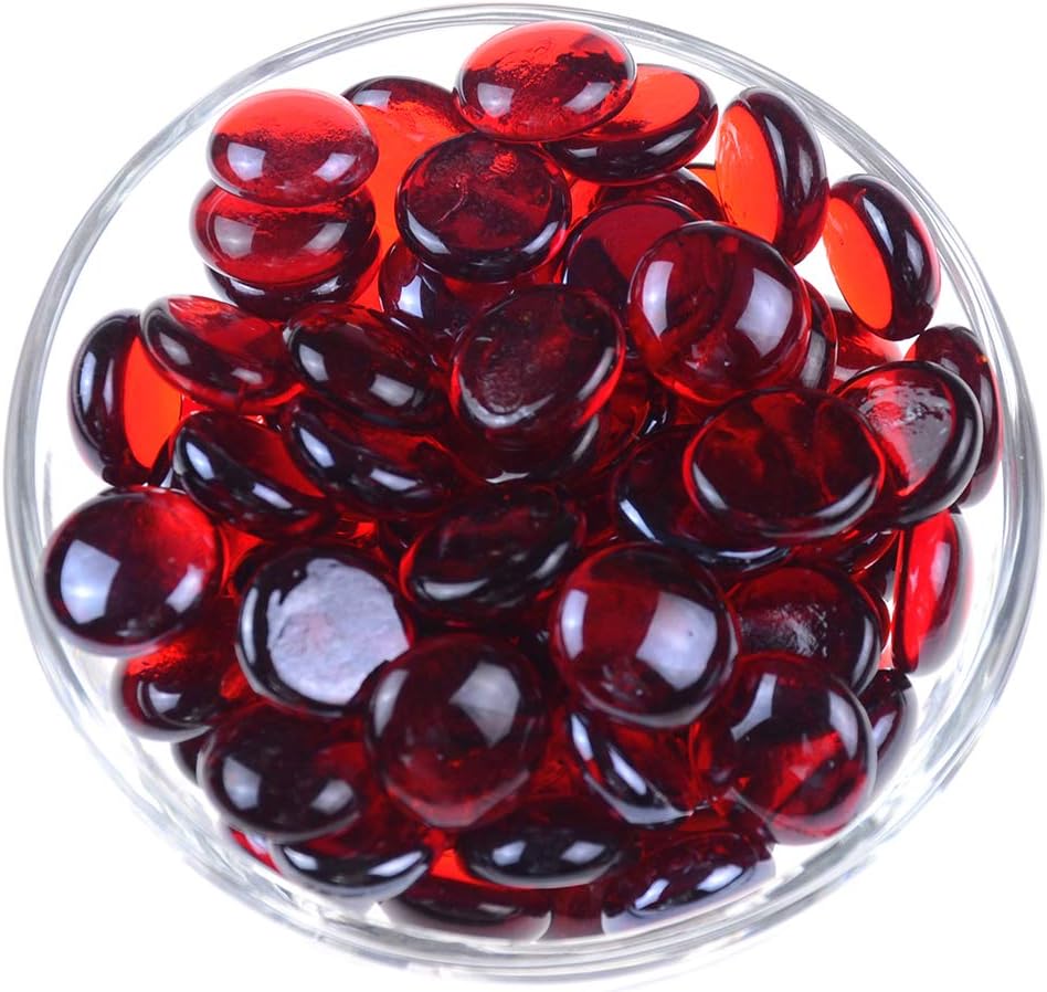 KINGOU Flat Glass Gems/Marbles/Stones/Beads for Vase Filler, Table Scatter, Games - 1 Lbs (17-19mm, Approx. 3/4")-Red