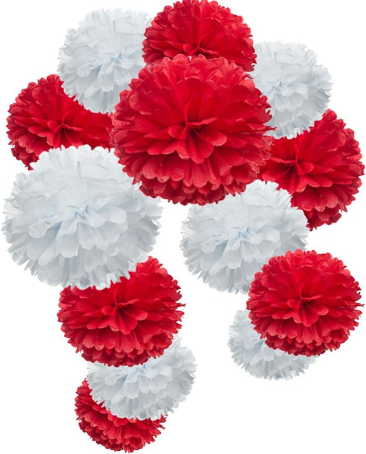 Red Paper Flower Tissue Pom Poms Party Supplies (red,white,12pc)