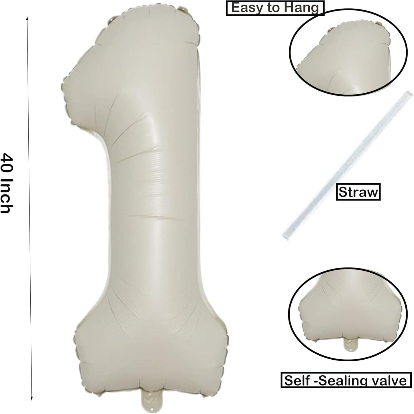 40 Inch Cream White Number1st Balloon Mylar Big Foil Helium Number 10th 11st 21 31 61 Balloon for Party Decorations,Digital Birthday Party Wedding, Boy Baby Shower Decorations (Cream No 1)