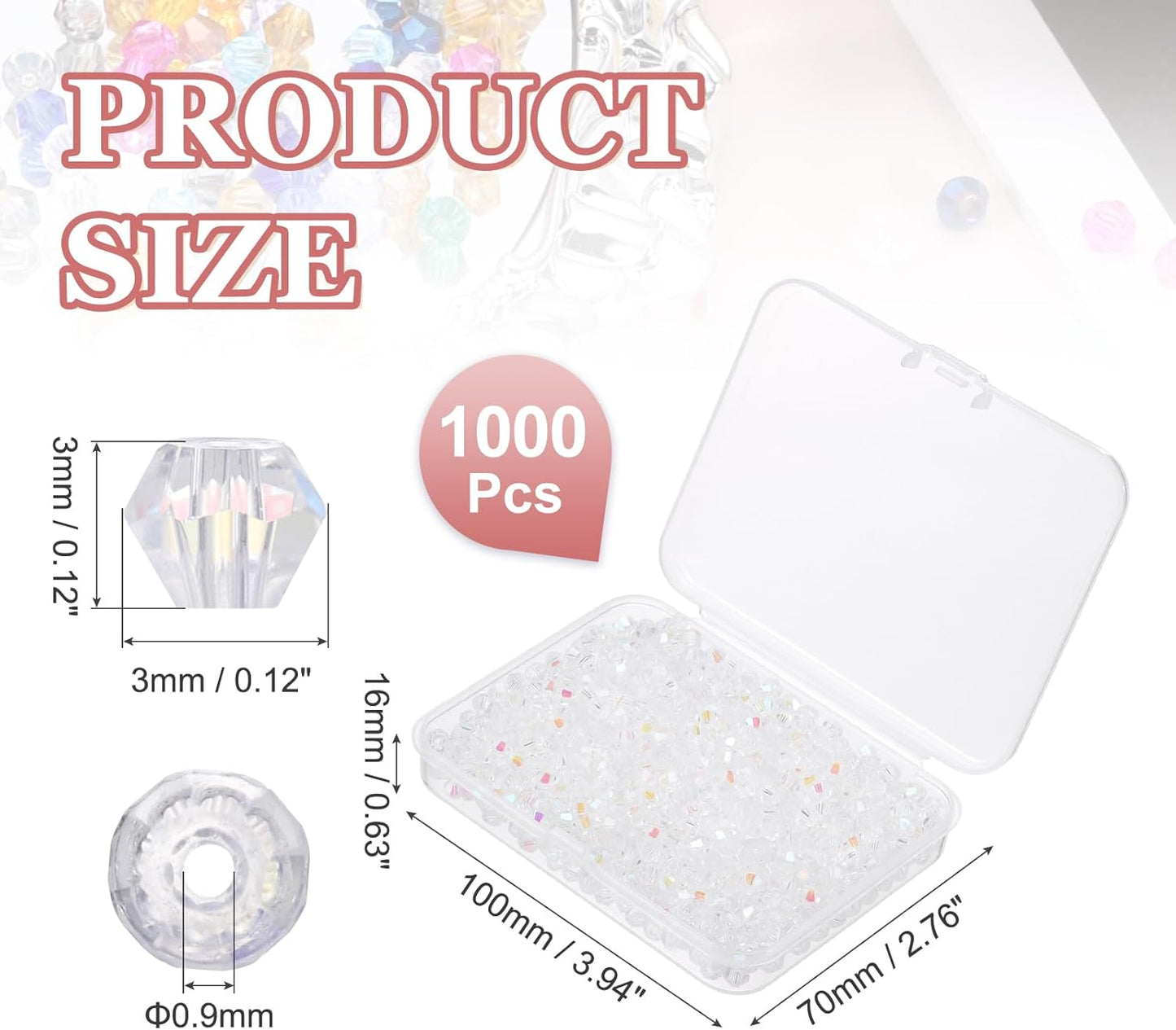 PATIKIL 1000pcs 3mm Bicone Glass Crystal Beads, Faceted Glass Spacer Beads with Box for Jewelry Making Bracelet Necklace Earrings DIY Suncatcher Craft, Colorful White AB