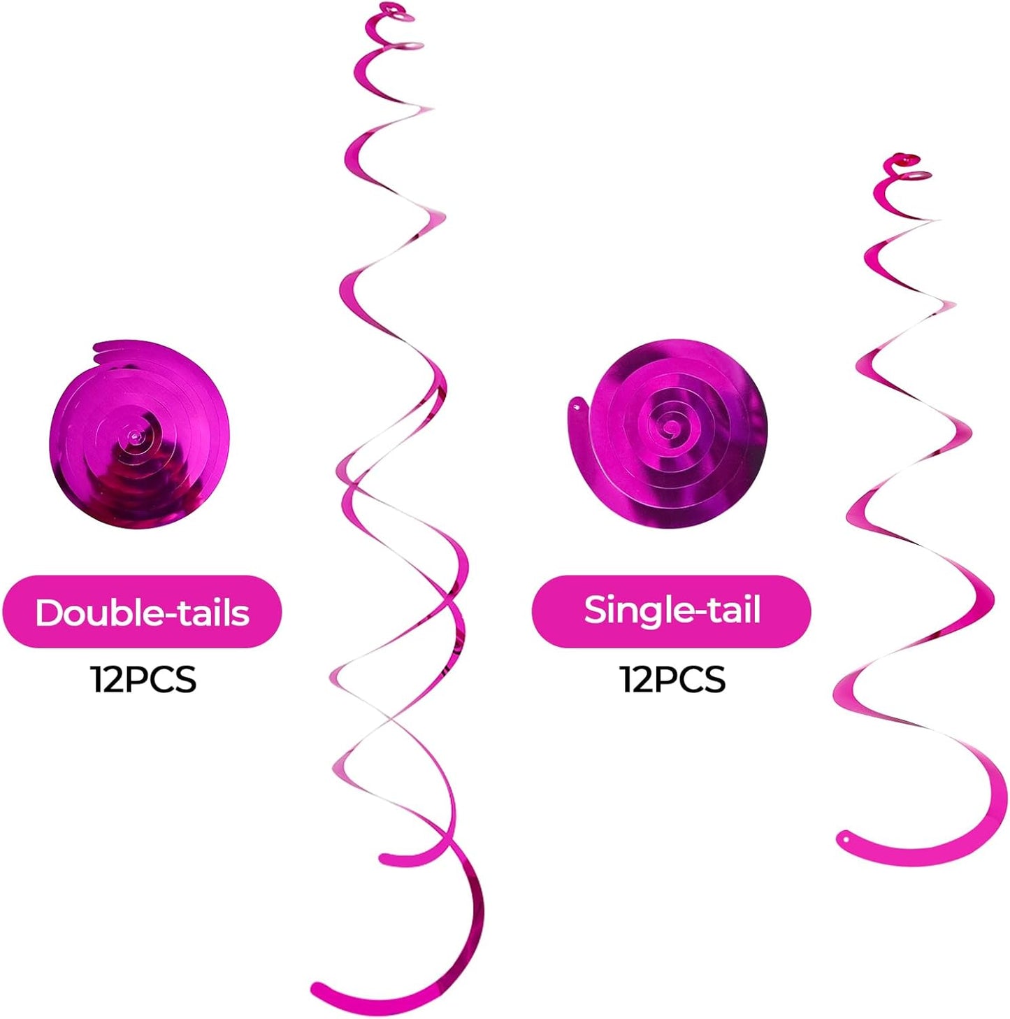 24 PCS Hot Pink Hanging Swirl, Fuschia Sparkle Ceiling Hanging Decorations, Plastic Streamer Party Decorations with Double-Swirls and Single-Swirls for Birthday Decorations, Summer, Hawaiian