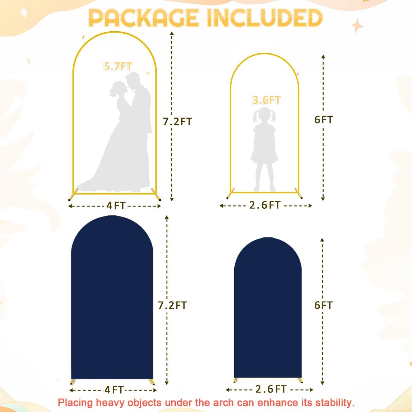 FUHSY Set of 2 Metal Backdrop Stand with Wedding Arch Cover Spandex 7.2FT, 6FT Balloon Party Backdrops Arch Stand Navy Blue Arched Backdrop Cover for Baby Shower Birthday Ceremony Banquet Event Decor