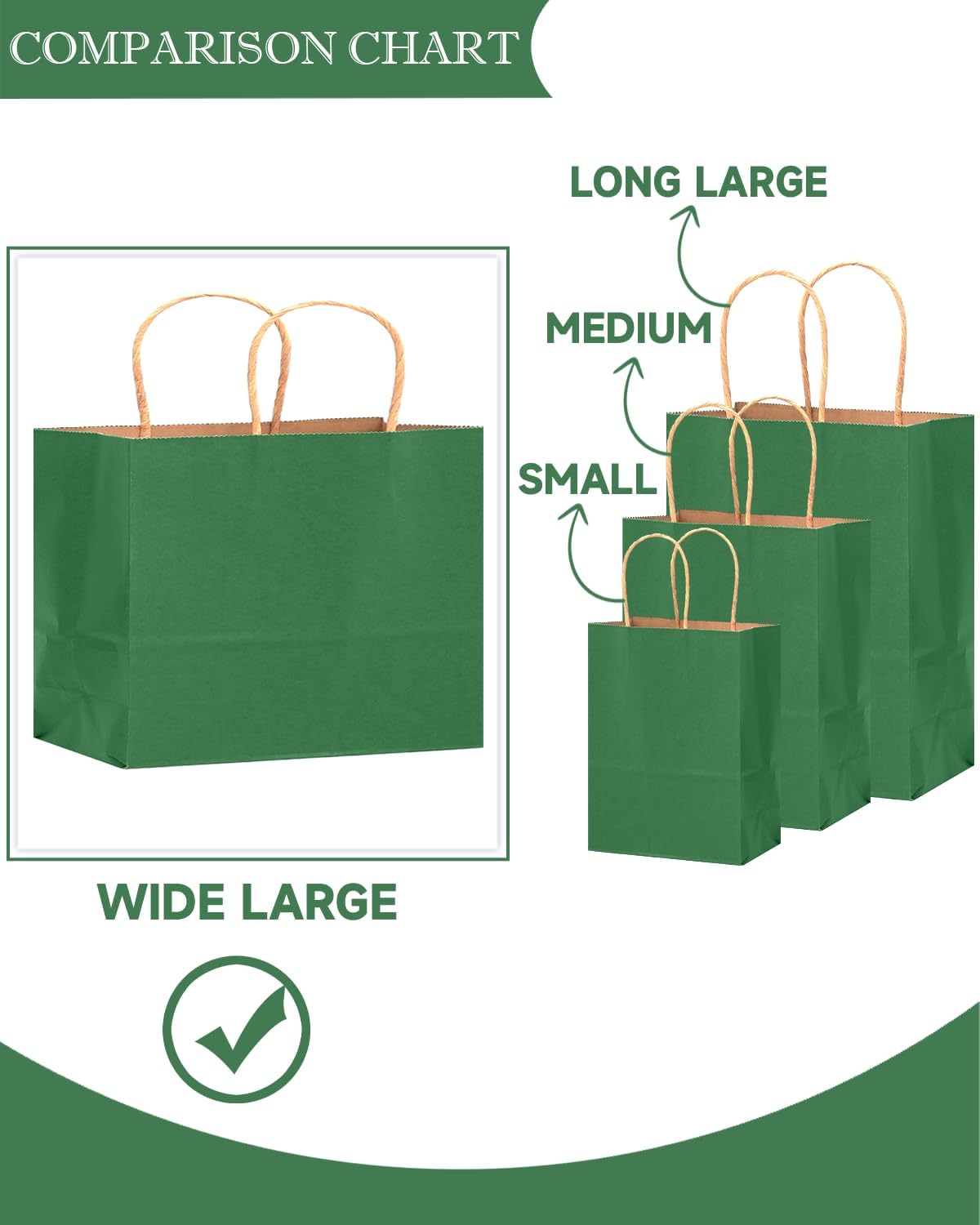 qiqee 100PCS Large Gift Bag with Handles Bulk 13"x4.5"x10" Gift Bags Kraft Deep Green Multiple Uses (32x11x25cm,Wide Large)