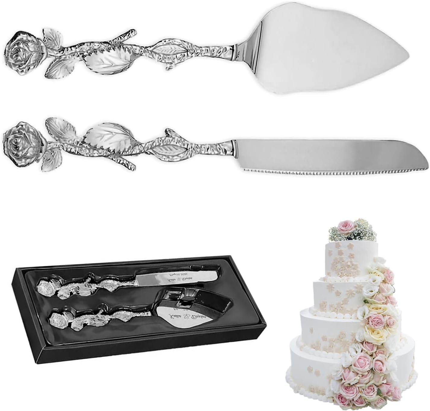 Personalized Wedding Cake Knife and Server Set, Custom Name/Date Cake Cutting Set for Wedding, Customized Cake Cutter for Bridal Anniversary Birthday Couple Gifts (Rose-Silver)