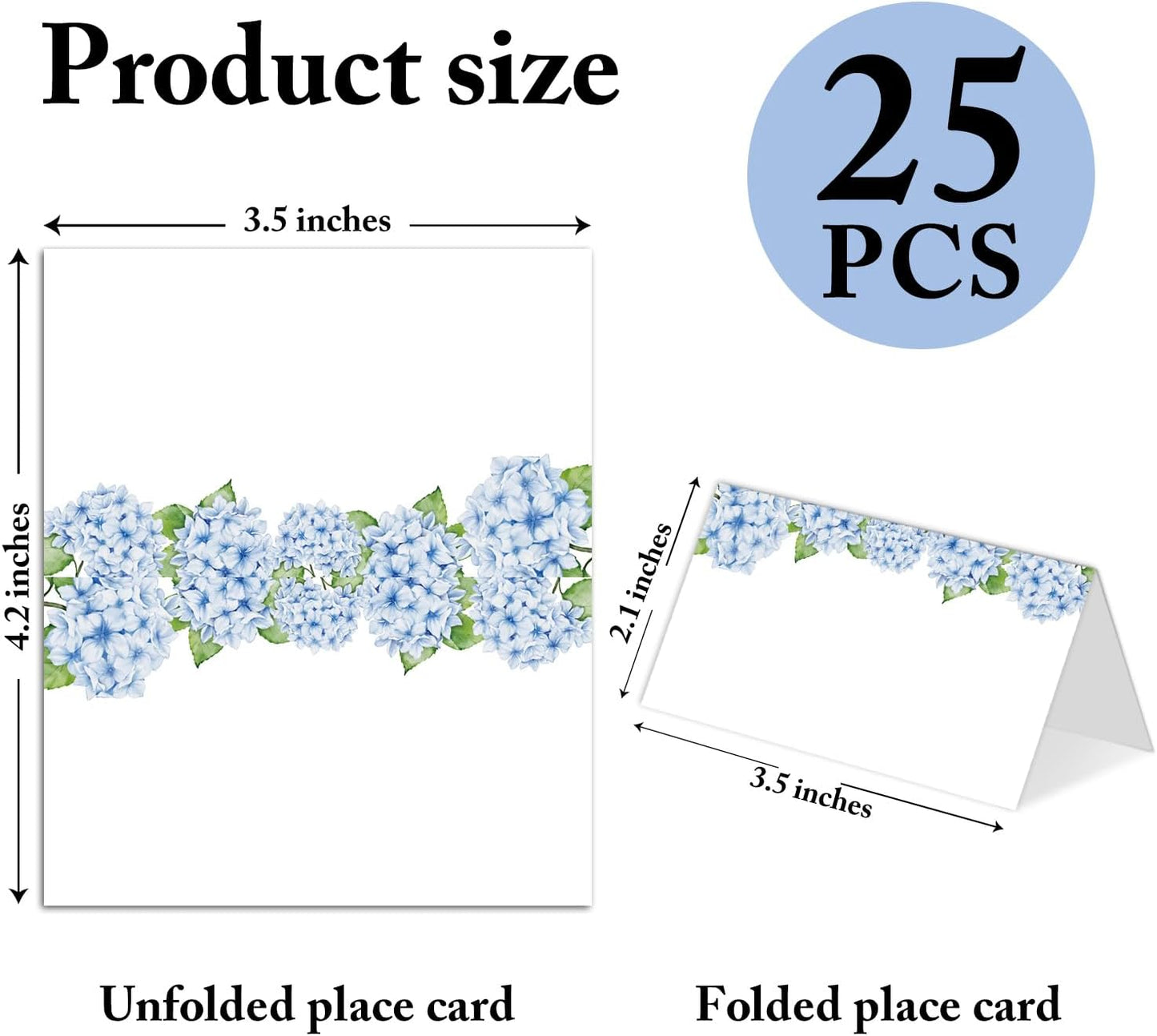 25 Pack Blue Floral Place Cards, Editable Name Cards for Table Setting, Tent Cards Food Label for Dinner Party, Bridal Shower, Wedding, Baby Shower and Events -T12