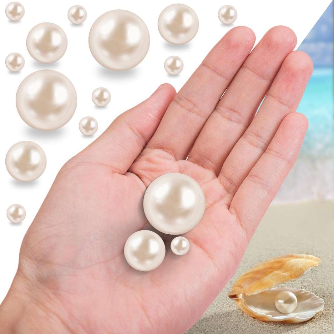 150Pcs Cream Polished No Hole Faux Pearl Beads for Vase Filling Decorations, Plastic Pearls Vase Fillers, Table Scatters, Wedding Centerpiece, Home Decor, 8/14/20 mm