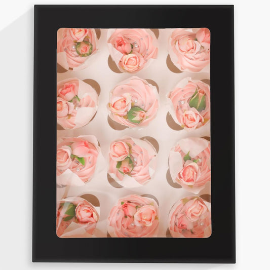 12 Cupcake Containers 10-Packs Black Cupcake Box Cupcakes Carrier, 12 Cupcake Boxes with Window 13"x10"x3.5"（Auto-pop up）