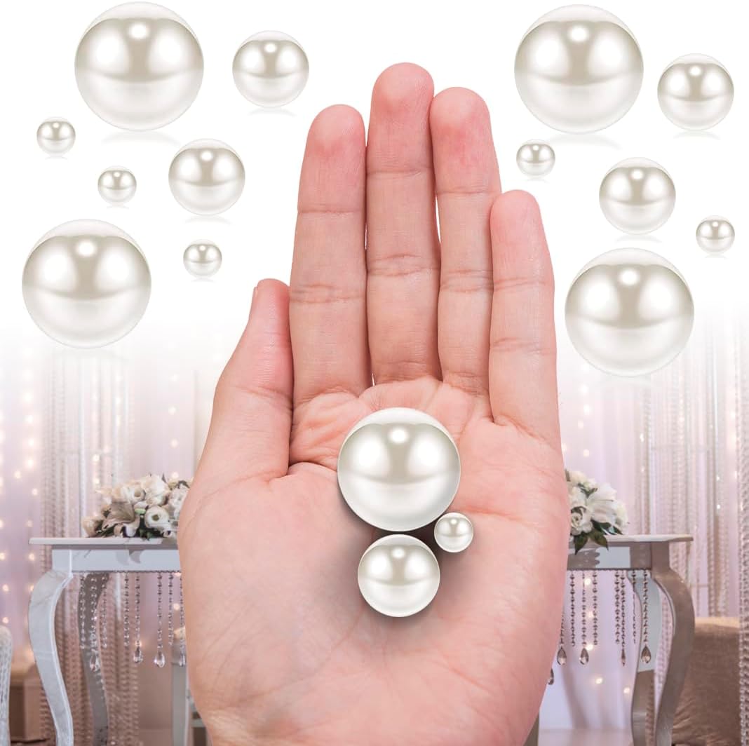 150Pcs White Polished No Hole Faux Pearl Beads for Vase Filling Decorations, Plastic Pearls Vase Fillers, Table Scatters, Wedding Centerpiece, Home Decor, 8/14/20 mm