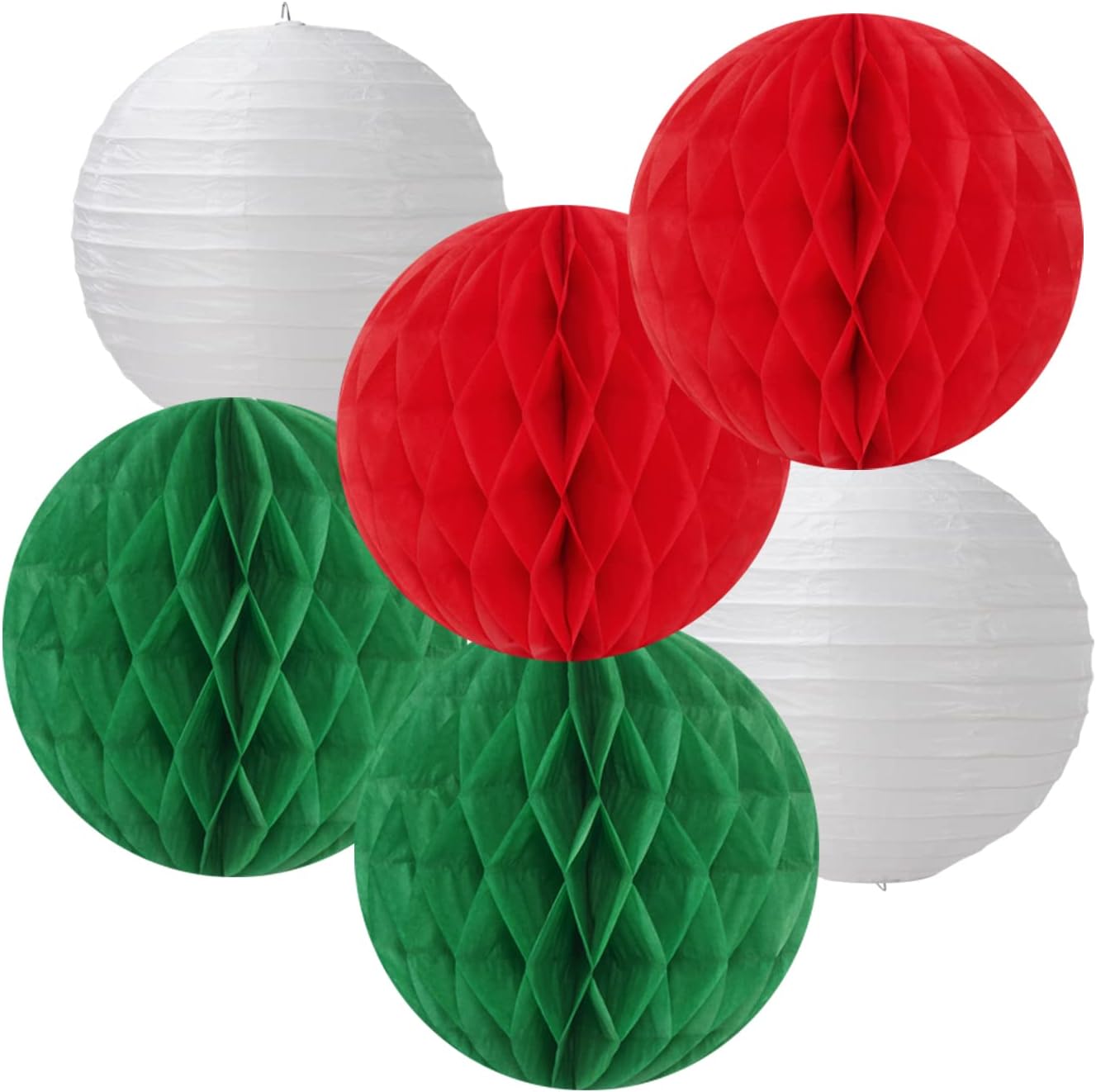 Red-Green White Party Decorations - 14pcs Winter Birthday New Year Paper Lanterns Fan,Italian Tissue Pom Poms Streamers,Honeycomb Balls, Wedding Baby Shower Decor Lasting Surprise