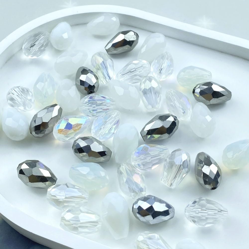 70pcs 8x12mm Teardrop Crystal Glass Beads Vertical Hole Faceted Loose Spacer Beads for DIY Craft Jewelry Making Necklace Bracelet Earring Wind Chimes(White Series)