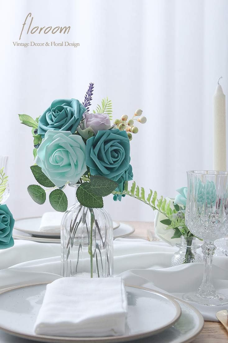 Floroom Artificial Flowers 50pcs Real Looking Teal Green Foam Fake Roses with Stems for DIY Wedding Bouquets Bridal Shower Centerpieces Floral Arrangements Party Tables Home Decorations