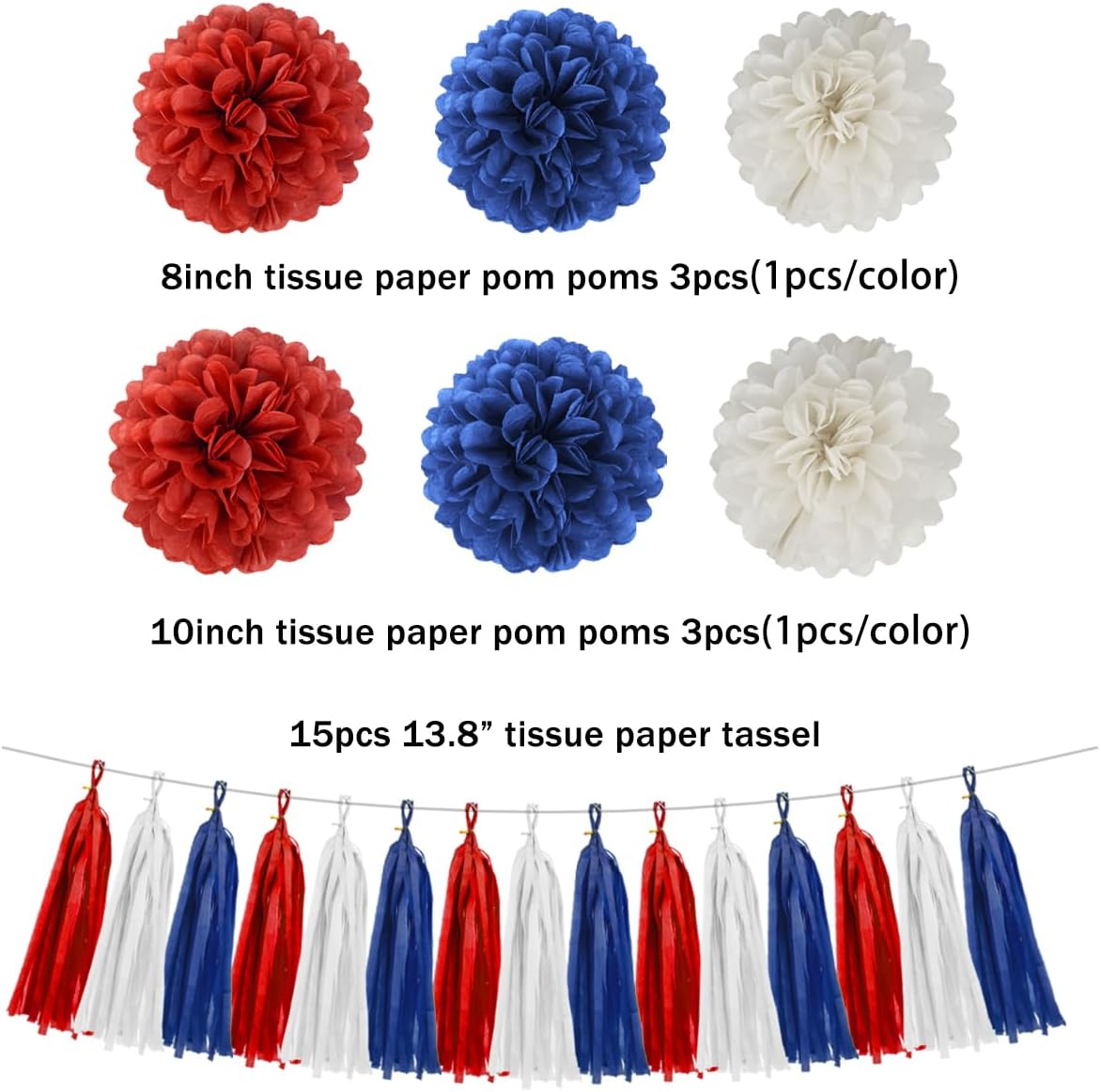 Red White Blue Party Decorations - 23pcs Tissue Paper Flower Pom Poms Tassel Garland Pennant Banner Flags Streamers Patriotic 4th of July American Independence National Day Graduation Birthday Decor