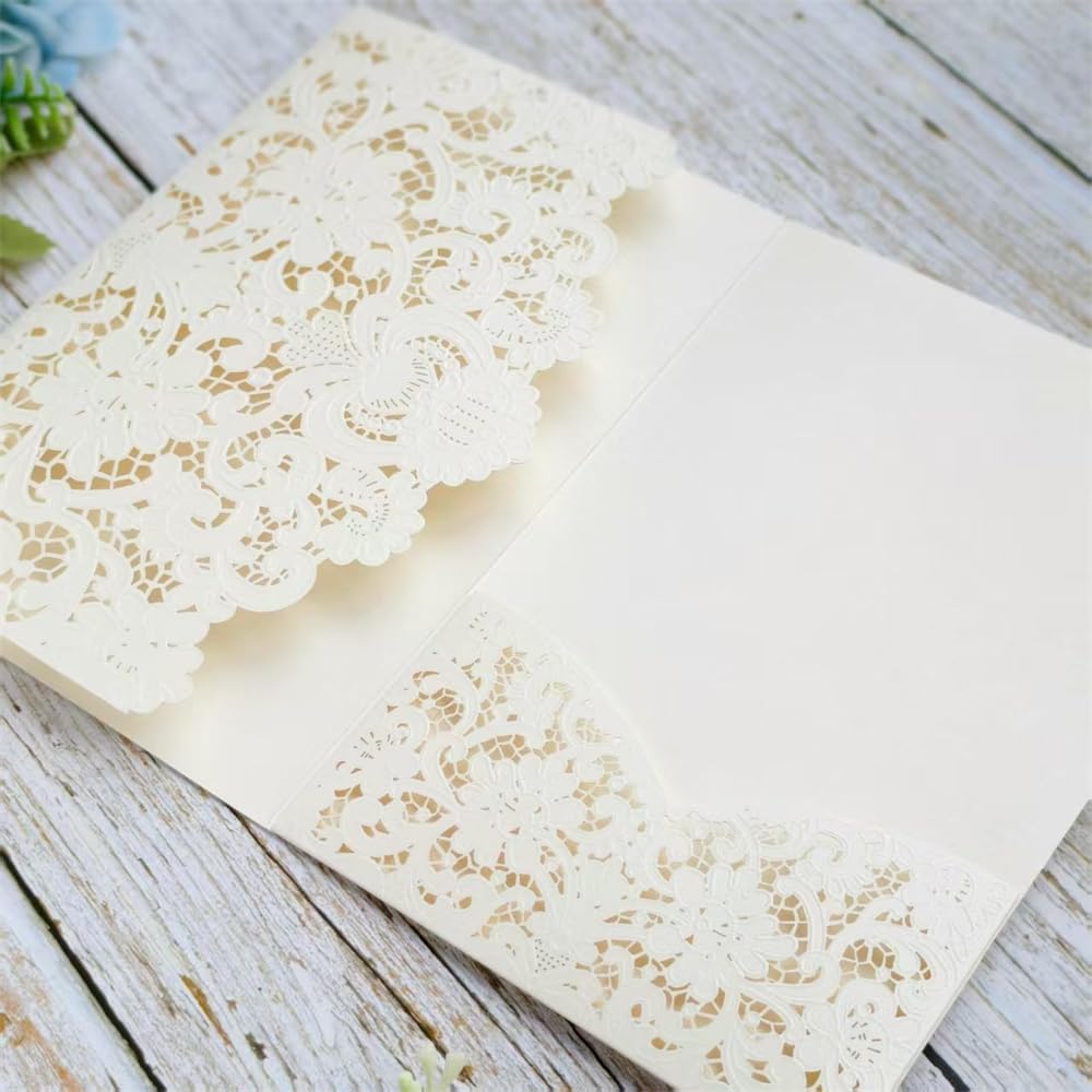 MillaSaw Ivory Embossed Laser Cut Invitation Pocket Envelope, Floral Engraved Invitation Sleeve, for Anniversary Bridal Shower Quinceañera Birthday Party (ivory)