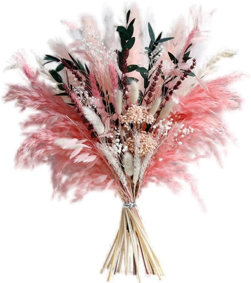 Pink Pampas Grass Dried Flowers Bouquet for Home Decor, Wedding Decor, Boho Style Floral Arrangement Without Flower Vase