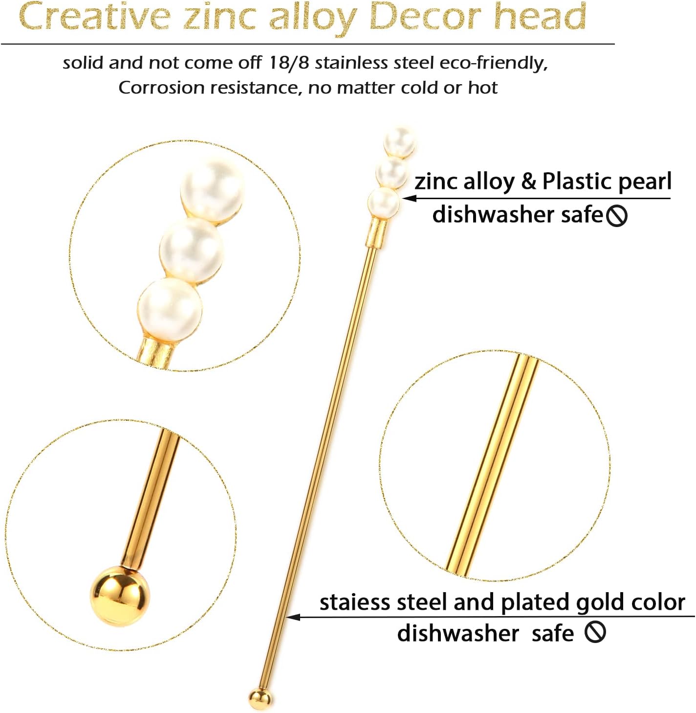 Exquisite Gold Pearl Stainless Steel Coffee Beverage Stirrers Stir Cocktail Drink Swizzle Stick for Wendding Party Value Pack, Hostess Gifts Set of 4, 7.5 Inches Long