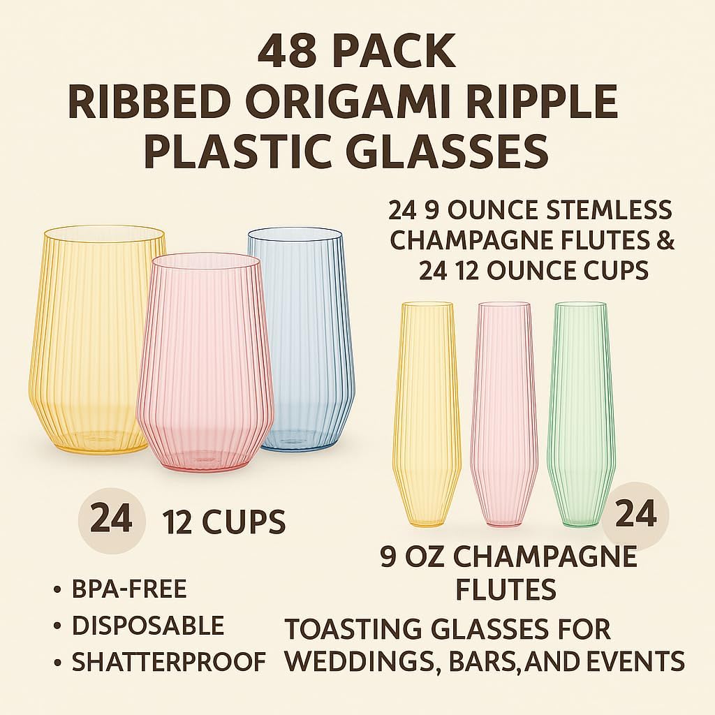48 Pack Ribbed Origami Ripple Plastic Glasses 24 9oz Stemless Champagne Flutes & 24 12oz Cups BPA-Free, Disposable, Shatterproof Drinkware for Weddings, Bars, Events (Color Collection Ribbed)