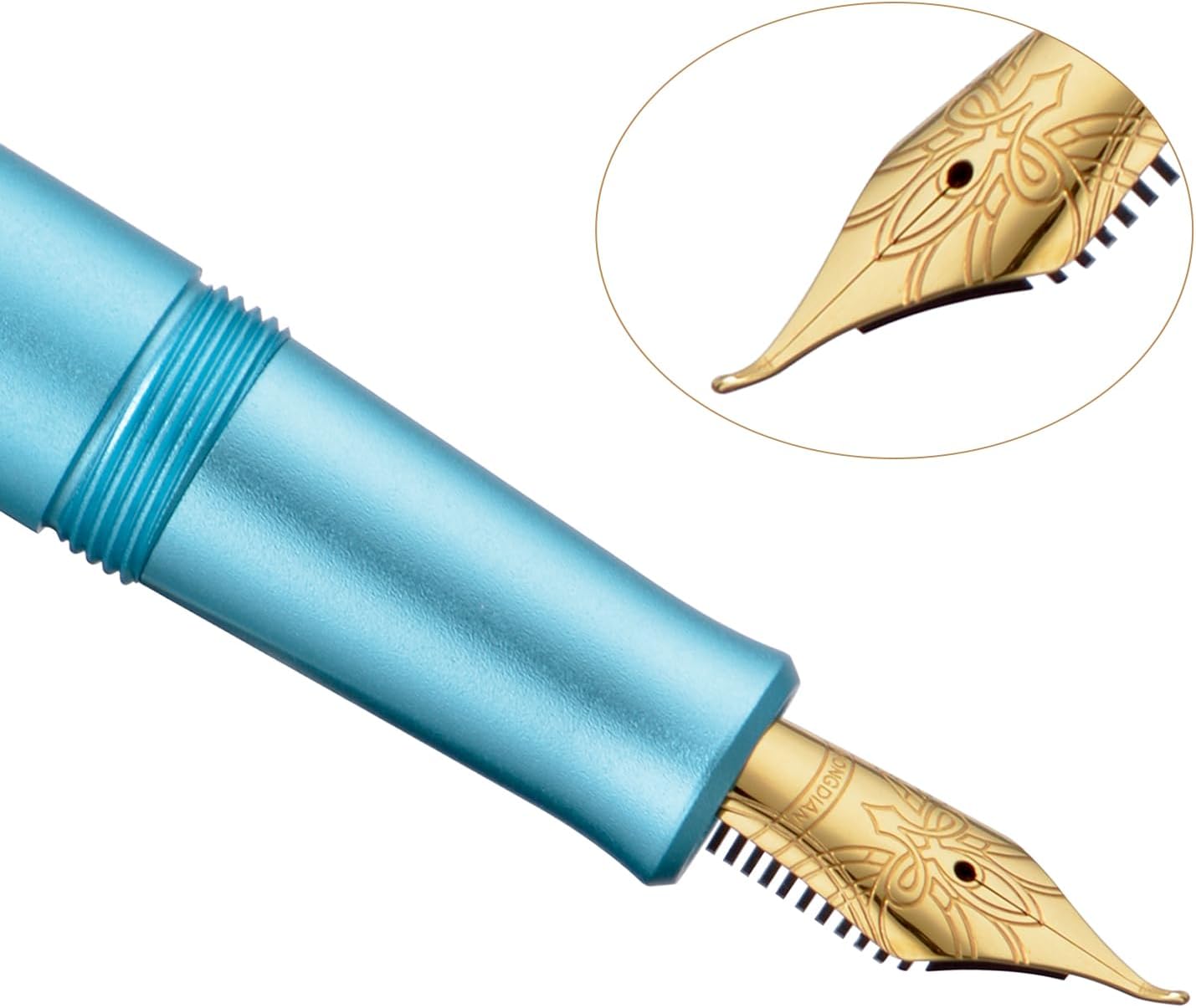 HONG DIAN M2 Black Forest Mini Fountain Pen, Bent Nib & Sleek Shape Aluminium Short Pocket Travel Pen (Lake Blue)